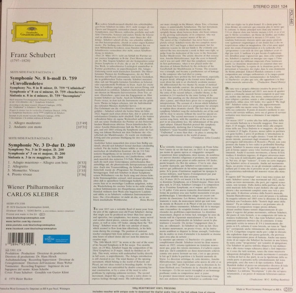 Vinyl Record Franz Schubert, Wiener Philharmoniker, Carlos Kleiber – Symphonien No.8 - Unvollendete - No.3 - LP - img.1