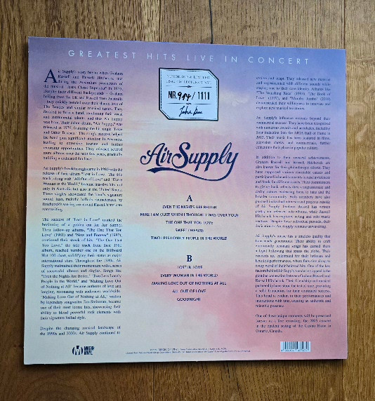 Vinyl Record Air Supply – Greatest Hits Live In Concert - Limited Edition - LP - img.1