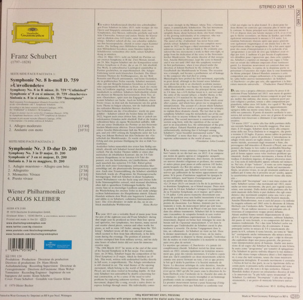 Vinyl Record Franz Schubert, Wiener Philharmoniker, Carlos Kleiber – Symphonien No.8 - Unvollendete - No.3 - LP - img.1