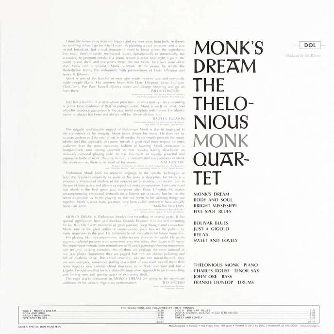 Vinyl Record The Thelonious Monk Quartet - Monks Dream (Blue) LP - img.2